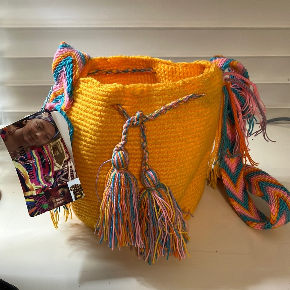 Wayuu small Mochila bags Handmade Orange and multi-colored strap